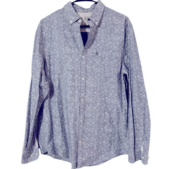 Original Penguin Button Down Long Sleeve Shirt Bowling Print Size Medium Blue - Picture 1 of 3